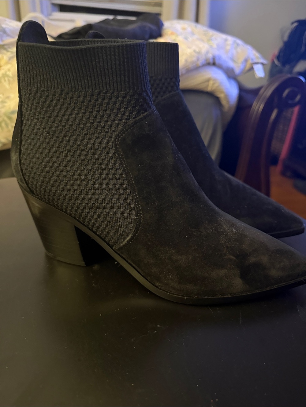 Women's Black Suede Ankle Boots - Stretch Knit Panel